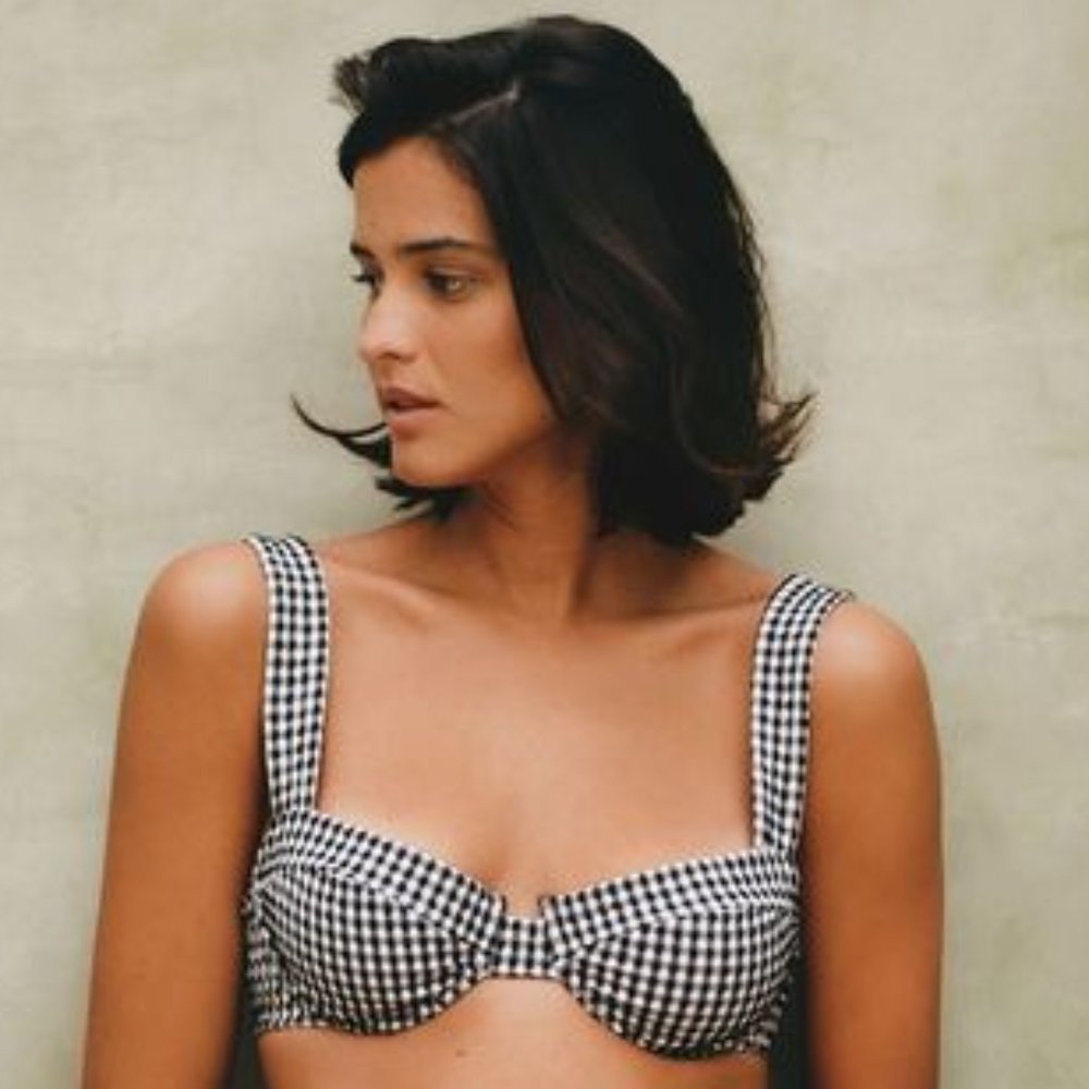 Vintage Gingham Bikini Top Crop Bra Blue Retro Design Daffy Swimwear Pin Up